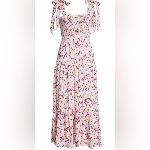 Women's Sam Edelman Confetti Smocked Bodice Maxi Dress SZ 12 White Multi - Picture 4 of 12